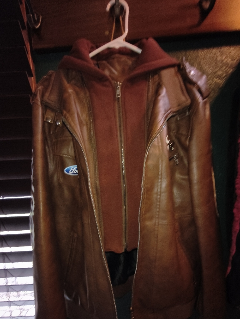 Woman's Brown Hooded Faux Leather Jacket with Ford Patch - Picture 7 of 14